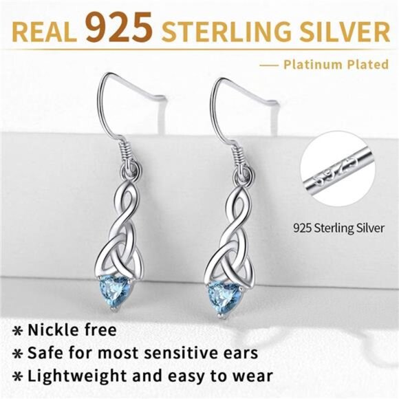 Sparkling Heart Birthstone 925 Sterling Silver Celtic Knot Dangle Hook Earrings - Picture 5 of 7